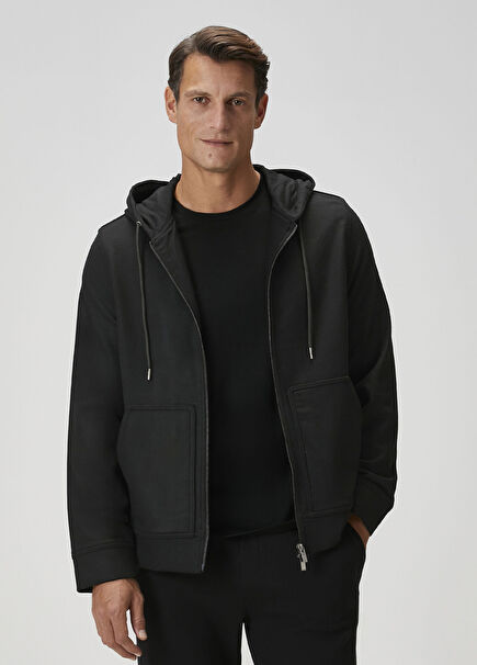 Siyah Kapüşonlu Dokuma Yün Sweatshirt