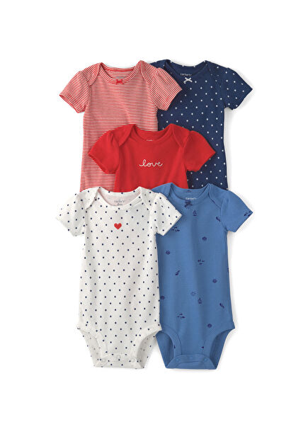 Renkli Kısa Kollu Kız Bebek 5'li Çıtçıtlı Body Seti