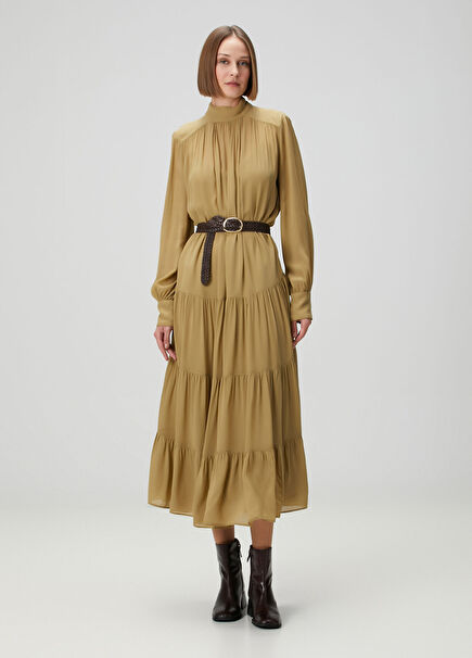 Açık Haki Büzgülü Midi Elbise