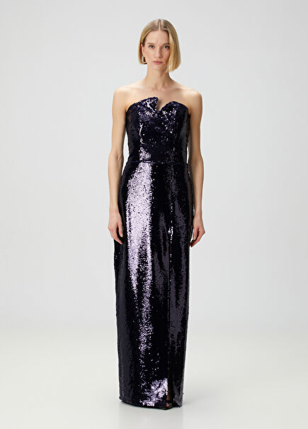 Navy Blue Sequined Maxi Evening Dress