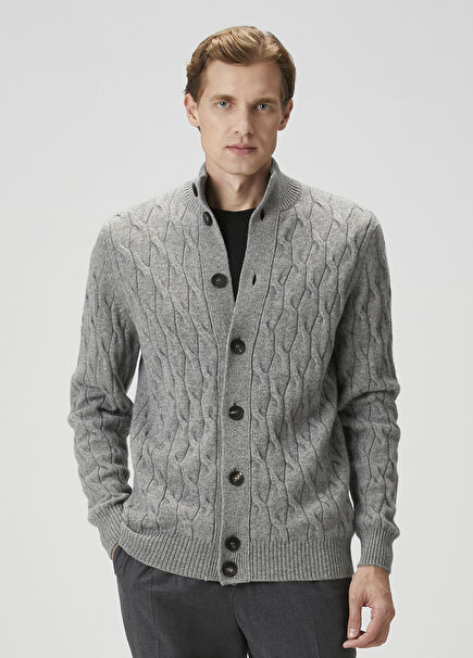 Gri Örgü Dokulu Yün Hırka