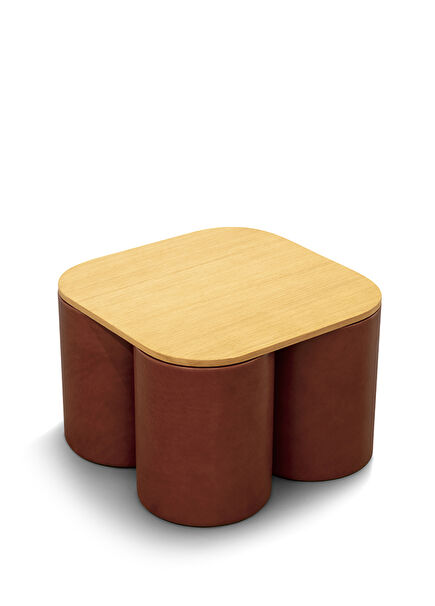 Silos Tan Leather Wooden Side Table