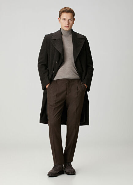 Koyu Kahverengi Çift Pilili Yün Pantolon