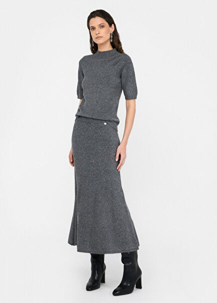 Grey Micro Sequin Women's Midi Length Knitwear Skirt