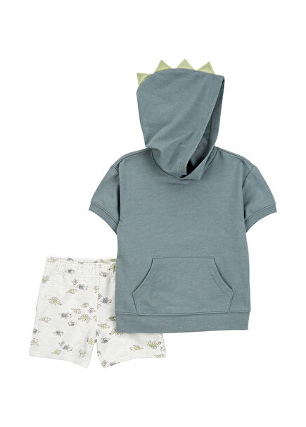 Yeşil Gri Kapüşonlu Kısa Kollu T-shirt ve Şort Erkek Çocuk 2'li Set