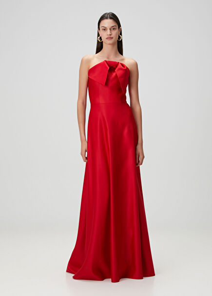 Kırmızı Straplez Maksi Abiye Elbise