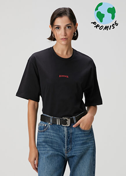 Siyah Bisiklet Yaka Logolu T-shirt