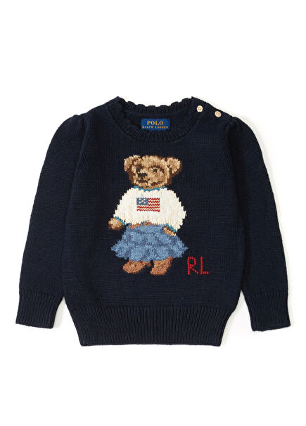 Navy Teddy Bear Jacquard Girls Sweater