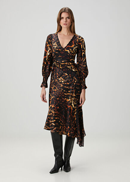 Danni Shirr Kahverengi Desenli Midi Elbise