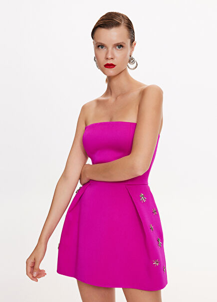 Fuchsia Embroidered Strapless Women's Mini Evening Dress