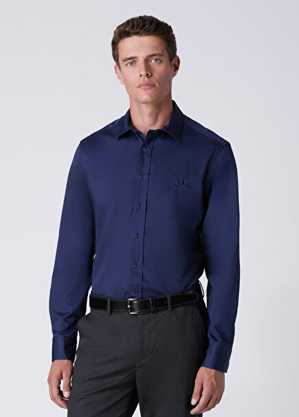 Comfort Fit Navy Blue Poplin Shirt