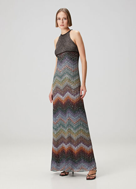 Halter Yaka Payetli Maksi Abiye Elbise