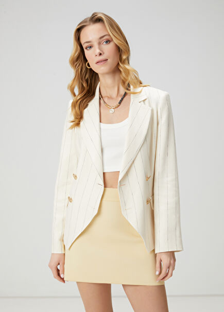 Ekru Çizgili Kruvaze Blazer