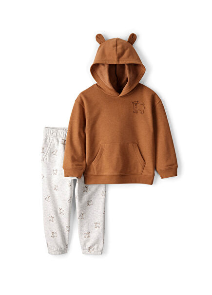 Desenli Kapüşonlu Sweatshirt ve Pantolon Erkek Çocuk 2'li Set