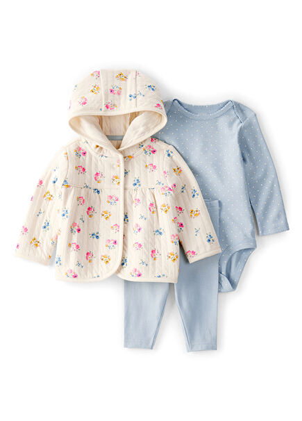 Ekru Kapüşonlu Hırka Pantolon ve Çıtçıtlı Body Kız Bebek 3'lü Set