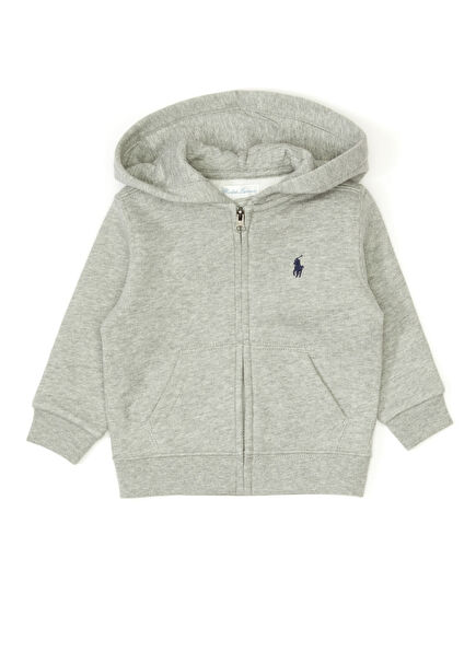 Grey Hooded Logo Embroidered Baby Boy Sweatshirt