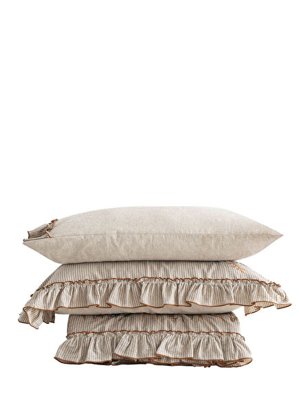 Latifa Gri Çizgili Nakışlı Organik Pamuk Keten Çift Kişilik Nevresim Takımı 200 x 220 cm