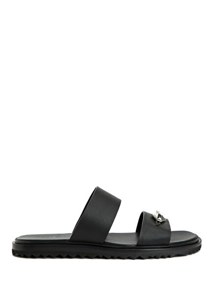 Men's Leather Slippers With Black Accessory Detail