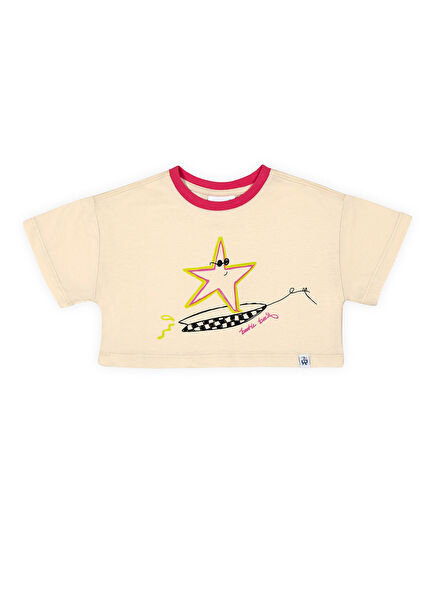 Surfer Starfish Baskılı Ekru Crop Fit Kısa Kollu Kız Çocuk T-Shirt