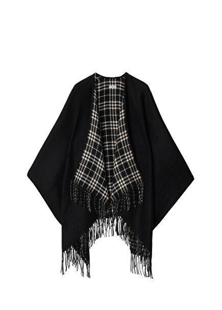 Reversible Check Black Wool Women's Poncho