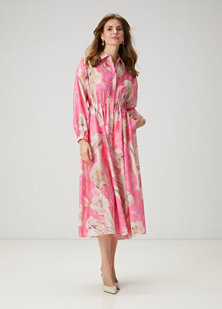 Pembe Çiçekli Midi Organza Elbise