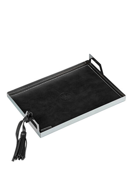 Black Leather Steel Tasseled Medium Size Tray 21.5 cm