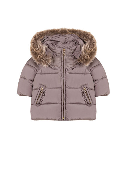 Dark Beige Hooded Baby Girl Coat