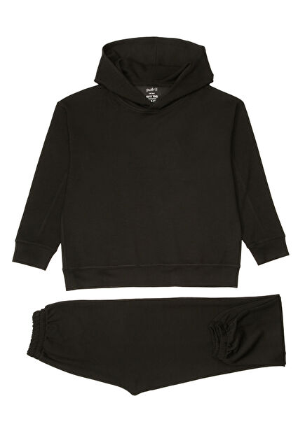 Siyah Kapüşonlu Kız Çocuk Eşofman Takımı