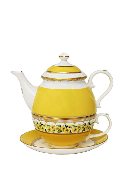 CoM Shell Garden Floral Tek Kişilik Sarı Porselen Çaydanlık ve Fincan Seti