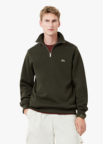 Yeşil Yarım Fermuarlı Classic Fit Erkek Sweatshirt