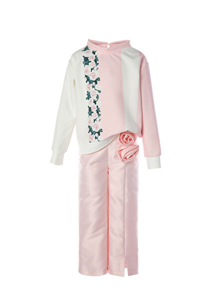 Açık Pembe Gül Detaylı Pantolon ve Bluz Kız Çocuk 2'li Set