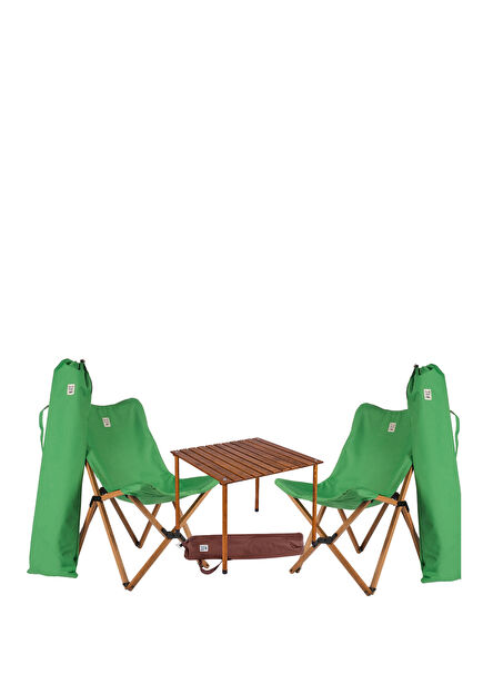 Kahverengi Yeşil Ahşap Katlanır Kamp Masa ve Sandalye Seti 70x70x55 cm