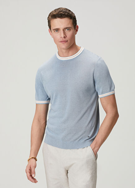 Mavi Kısa Kollu Keten Karışımlı Kazak