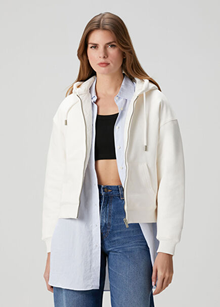 Boxy White Zip-Up Hoodie