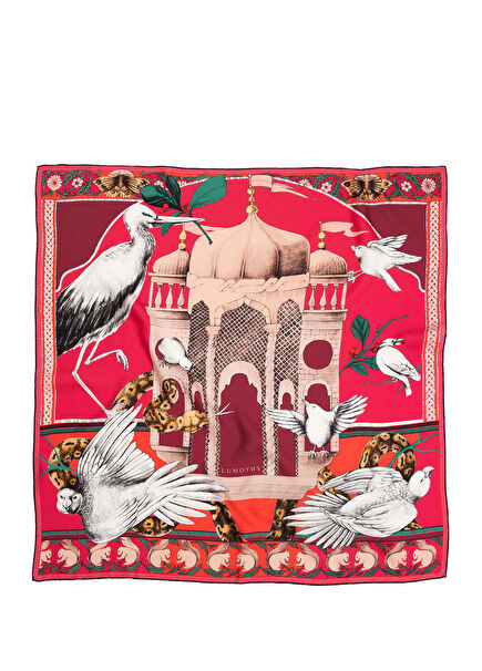 Miniature Palace Birds and Pavilion Fuchsia Silk Twill Women's Scarf 53 cm