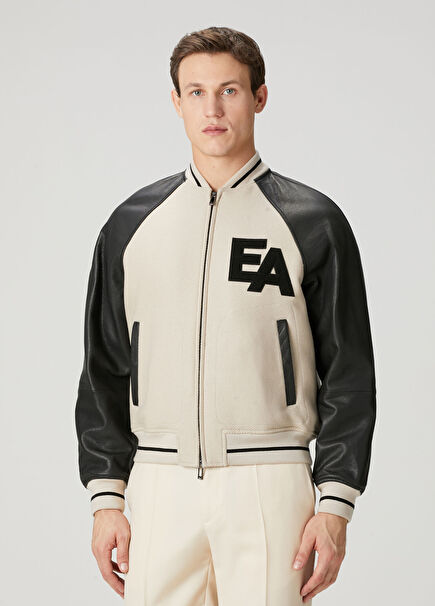 Black Knit Garnished Leather Bomber Coat