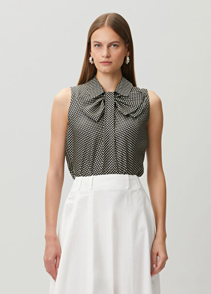 Black Polka Dot Sleeveless Silk Shirt