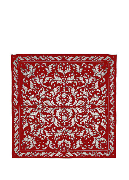 Kırmızı Çiçekler İpek Eşarp 90x90 cm