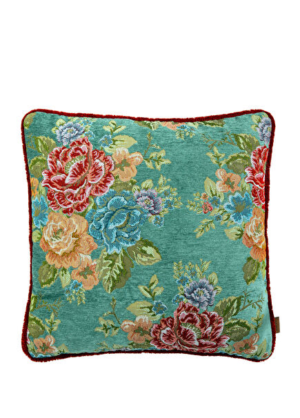 Serenade Turquoise Floral Patterned Velvet Woven Throw Pillow 45 x 45 cm