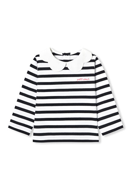 Navy Blue White Scalloped Collar Long Sleeve Breton Baby Girl T-Shirt