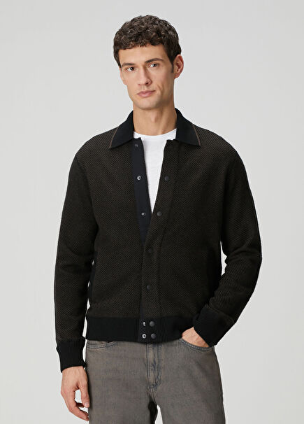 Siyah Zikzak Jakarlı Yün Mont