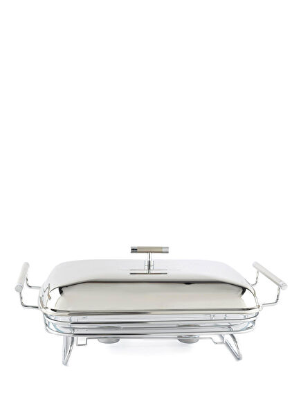 Perle Gümüş Çelik Kapaklı Dikdörtgen Isıtıcılı Servislik 47 x 25 cm