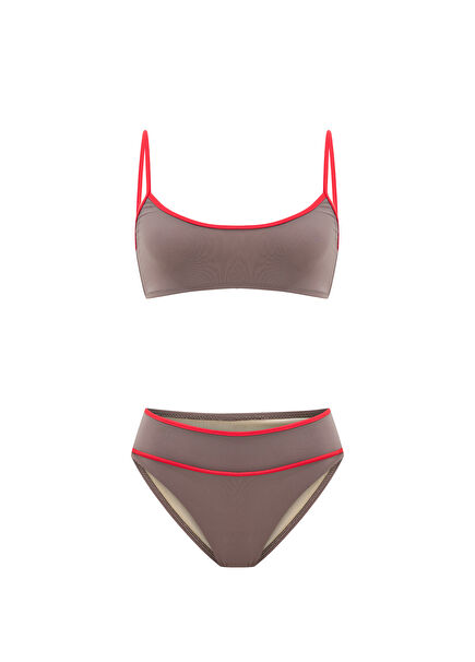 Caspia Grey Stripe Piping High Waist Women's Bikini Set