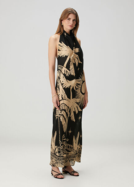 Musical Flower Black Maxi Silk Dress