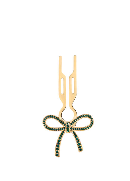 Franchimon Nº1 Hairpin Ribbon Emerald Green Finish Yellow Gold Swarovski Taşlı Kurdeleli Kadın Saç Tokası 