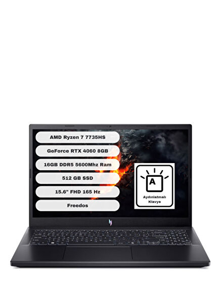 Nitro V15 ANV15-41 AMD Ryzen 7 7735HS 16GB RAM 512GB SSD RTX4060 15.6" FHD Freedos Laptop NH. QSFEY.001