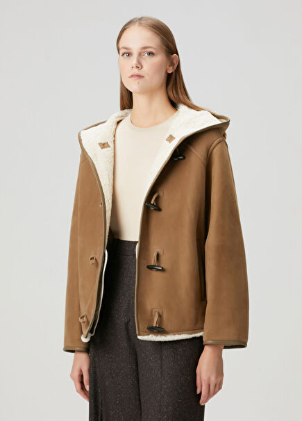 Bej Kapüşonlu Deri Kaban