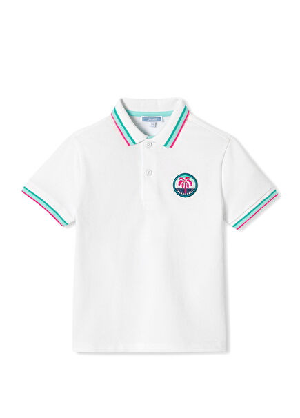 Baskılı Beyaz Pamuklu Polo Yaka Kısa Kollu Erkek Çocuk T-Shirt