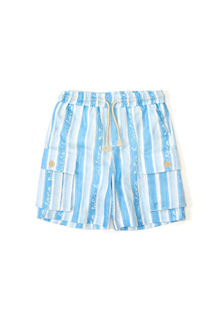 Mavi Çizgili Desenli Kargo Keten Şort