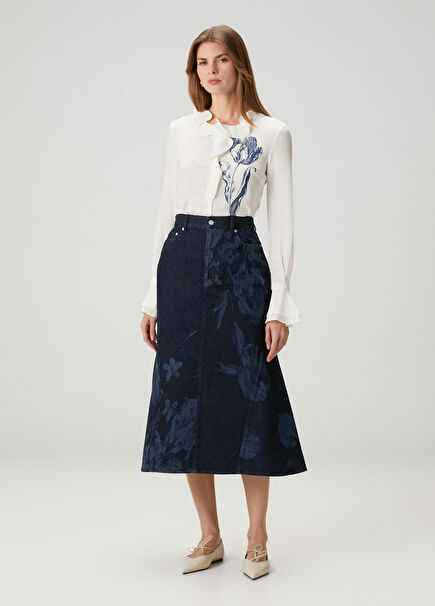 Navy Blue Floral Midi Denim Skirt